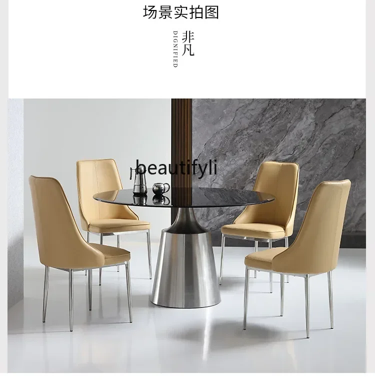TTT Italian minimalist light luxury tempered glass dining table home restaurant French stainless steel, round table customizatio