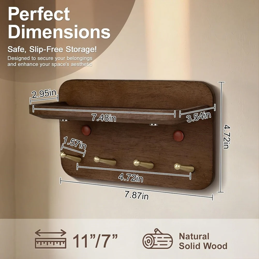 Oct Sale Key Holder Wall Mount, Solid Wood Key Holder for Wall with 4 Brass Hooks & Hidden Magnets,15° Incline Hooks & Grooved
