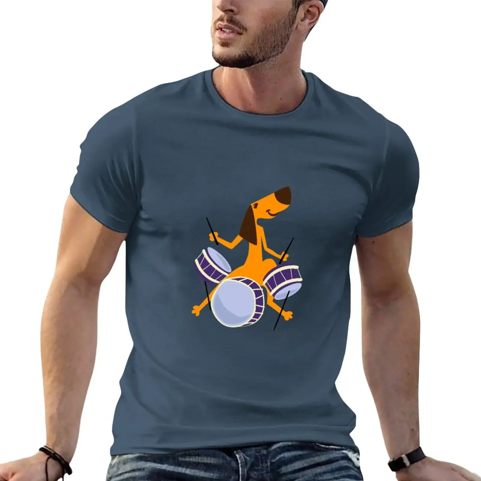 

New Cartoon Dog Playing Drums T-Shirt korean fashion black t shirts customized t shirts t shirt man Men's cotton t-shirt