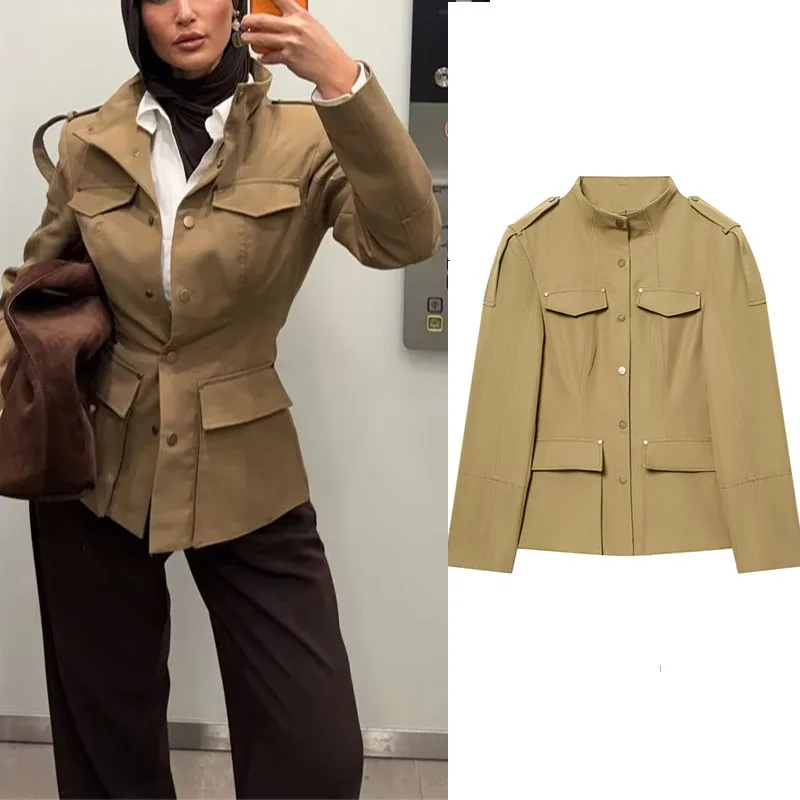Military Style Utility Jacket Women Khaki Stand Collar Button Front Pocket Detail Casual Outfit