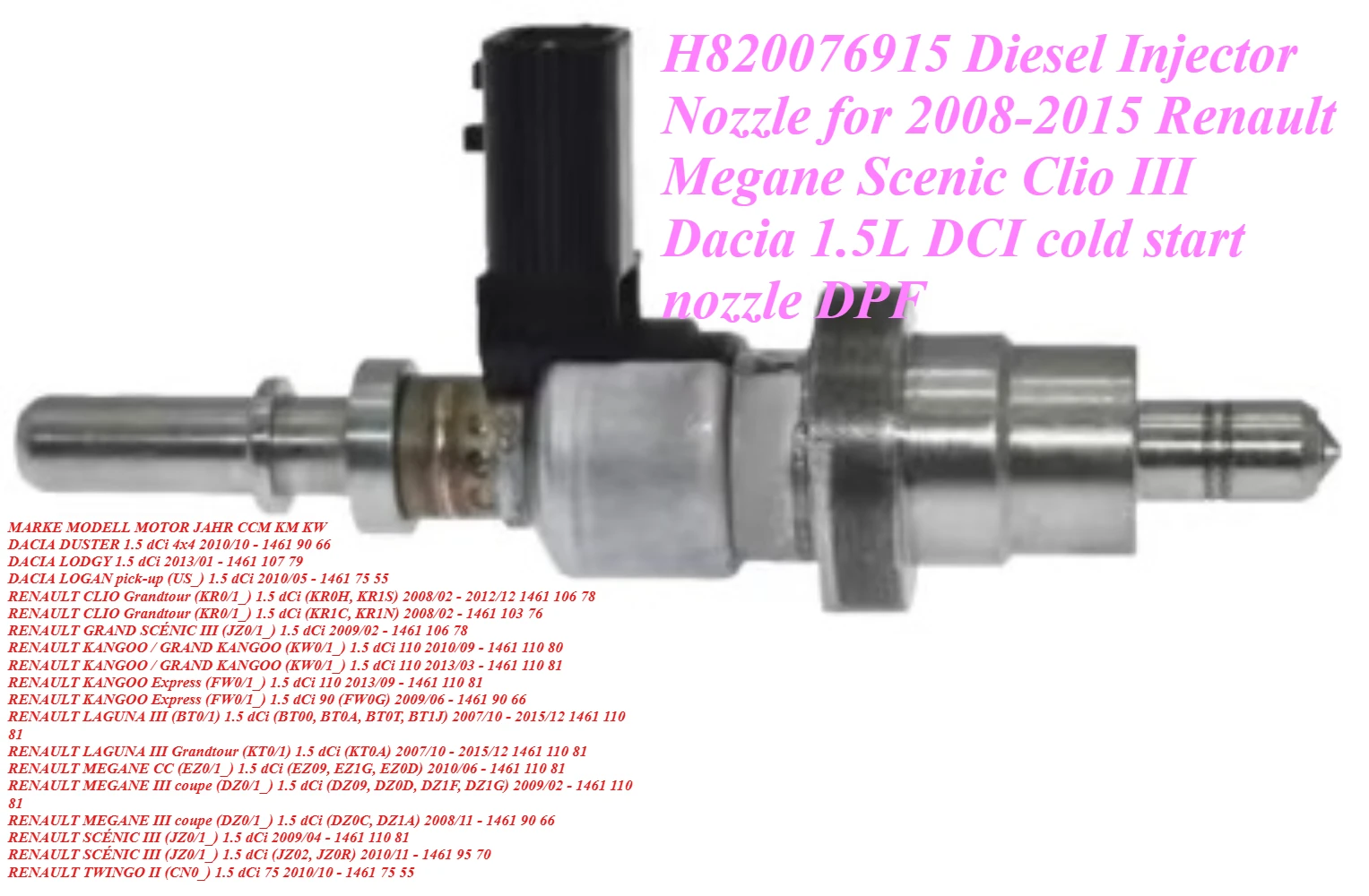 

H820076915 Diesel Injector Nozzle for 2008-2015 Renault Megane Scenic Clio III Dacia 1.5L DCI cold start nozzle DPF