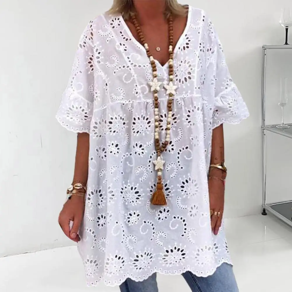 Beach Wear Fashionable Women's V-neck Embroidered Mini Dress Elegant Hollow Out Pattern Short Sleeves White Color for Summer