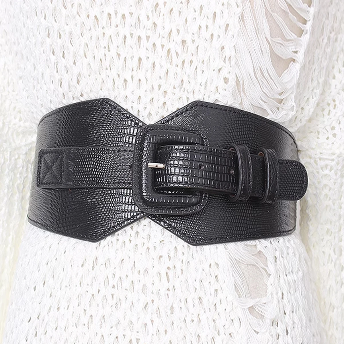 Wide Y2K Black Elastic Corset Belt Lizard Leather Female Plus Size Stretch Cummerbunds Designer Belts For Women High Quality