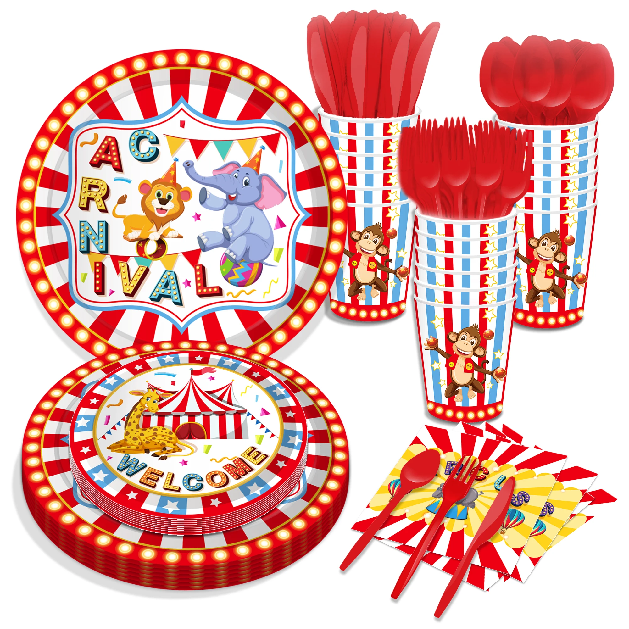 

HUANCAI Carnival Welcome Disposable Tableware Set Circus Animals Paper Plates Cups Napkins for Birthday Party 20 sets