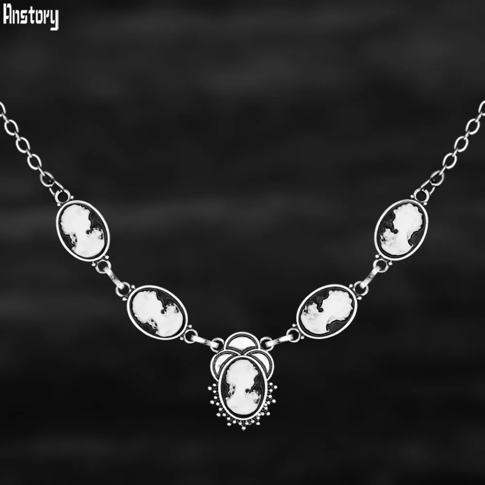 6 Colors Vintage Lady Queen Cameo Necklace For Women Antique Silver Plated Flower Pendant Stainless Steel Chain Necklace