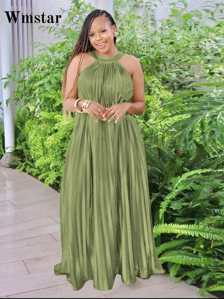 

Wmstar платье женское оптовое свободное платье без рукавов с открытыми плечами шелковое плиссированное элегантное длинное платье с большими качелями женская одежда новое лето