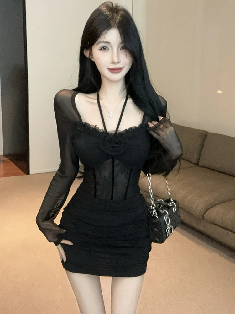 2025 Black Mesh Patchwork Lace Sheer Sexy Mini Dress Women Long Sleeve Square Collar Dress Autumn Korean Vintage Bodycon Dresses