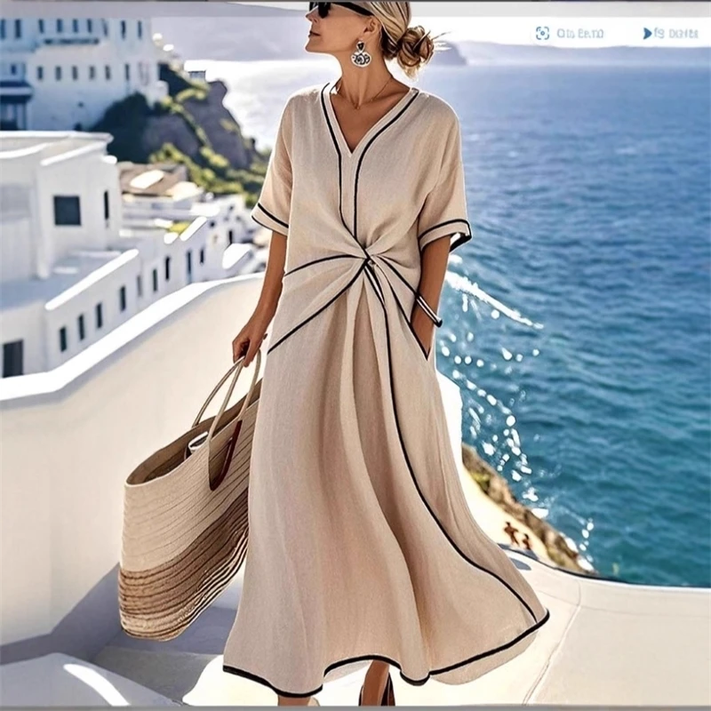 Elegant Striped Print Short Sleeve Woman Dress Casual V Neck Vacation Beach Maxi Dress Summer Boho Loose Irregular A-Line Dress