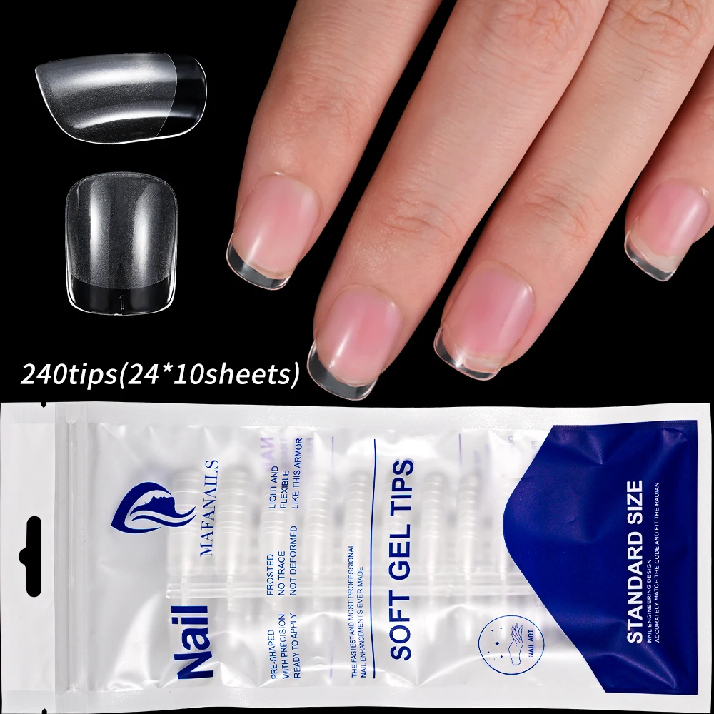 240 Uds. Puntas de uñas postizas cuadradas cortas transparentes, cubierta completa de 12 tamaños, prensa de almendra esmerilada en uñas para extensión, punta de dedo falsa acrílica