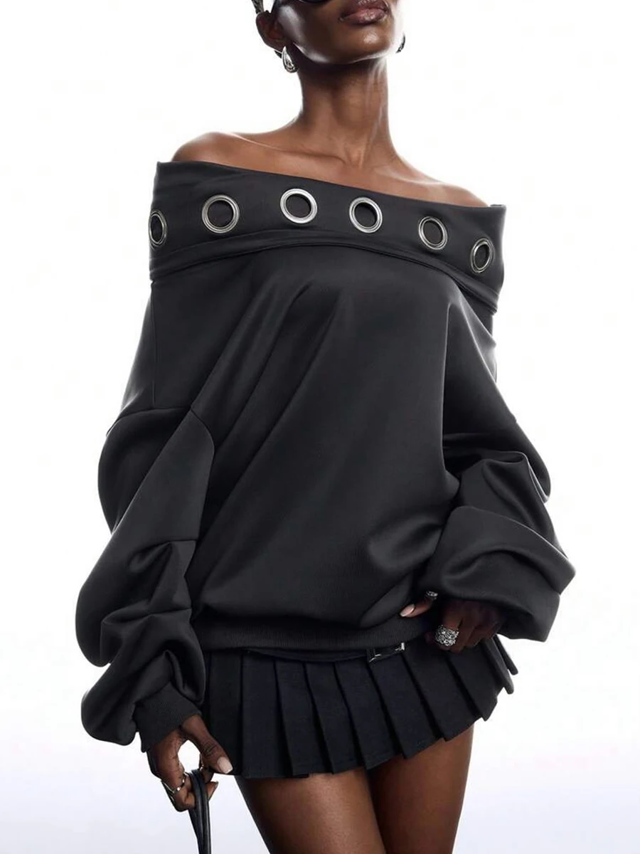 TWOTWINSTYLE Solid Spliced Ruched Loose Sweatshirt for Women Off Shoulder Long Sleeve Patchwork Eyelet Pullover Hoodies Female