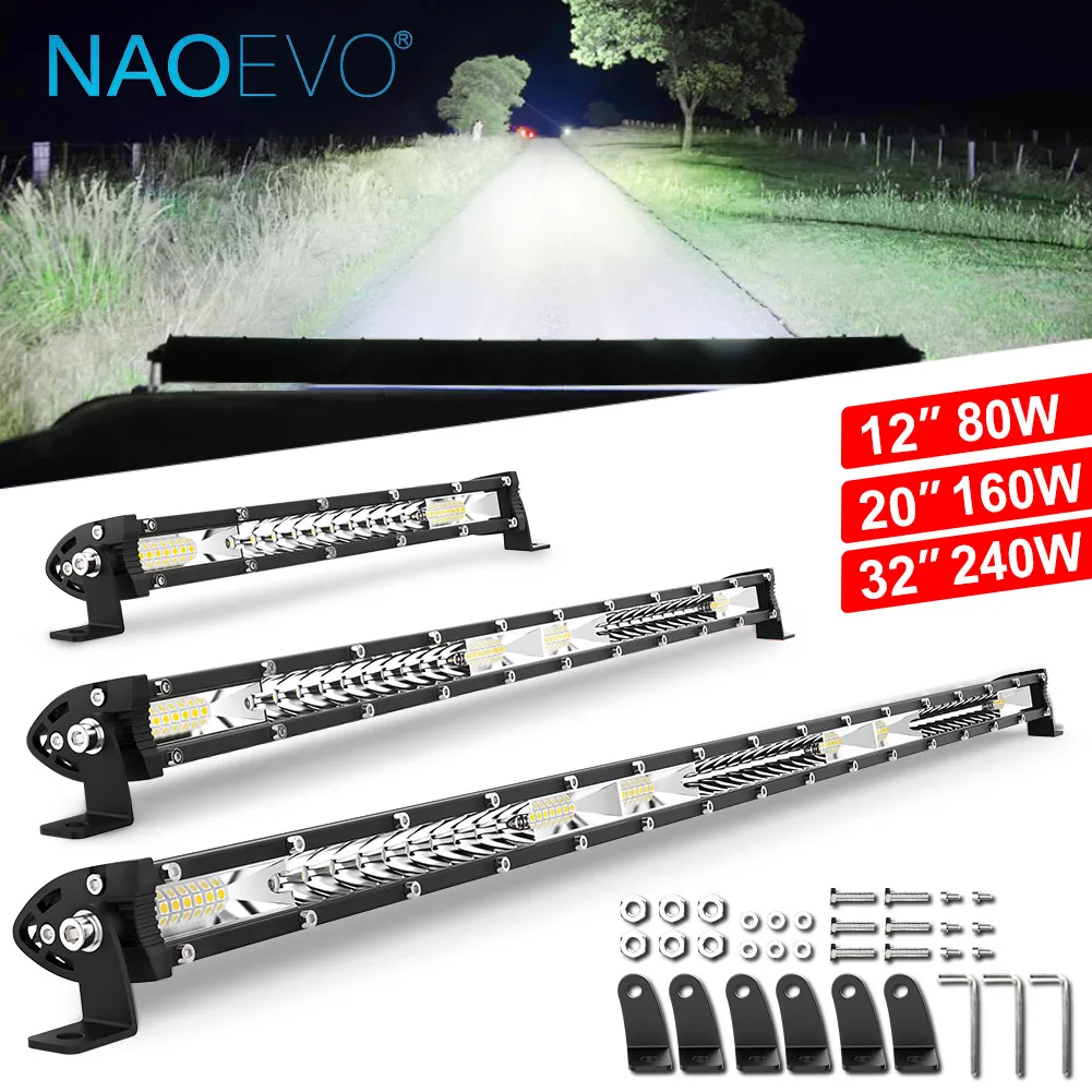 NAOEVO Super Slim Led Bar Offroad 12'' 20'' 32 Inch Spot Flood barra led Light Bar for Car 4x4 Truck 4WD ATV Fog Lights 12V 24V