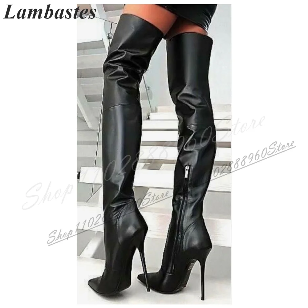 Thigh High Black Slim Matte Leather Boots Thin High Heel Shoes For Women Side Zipper Pointed Toe 2024 Fashion Zapatillas Mujer