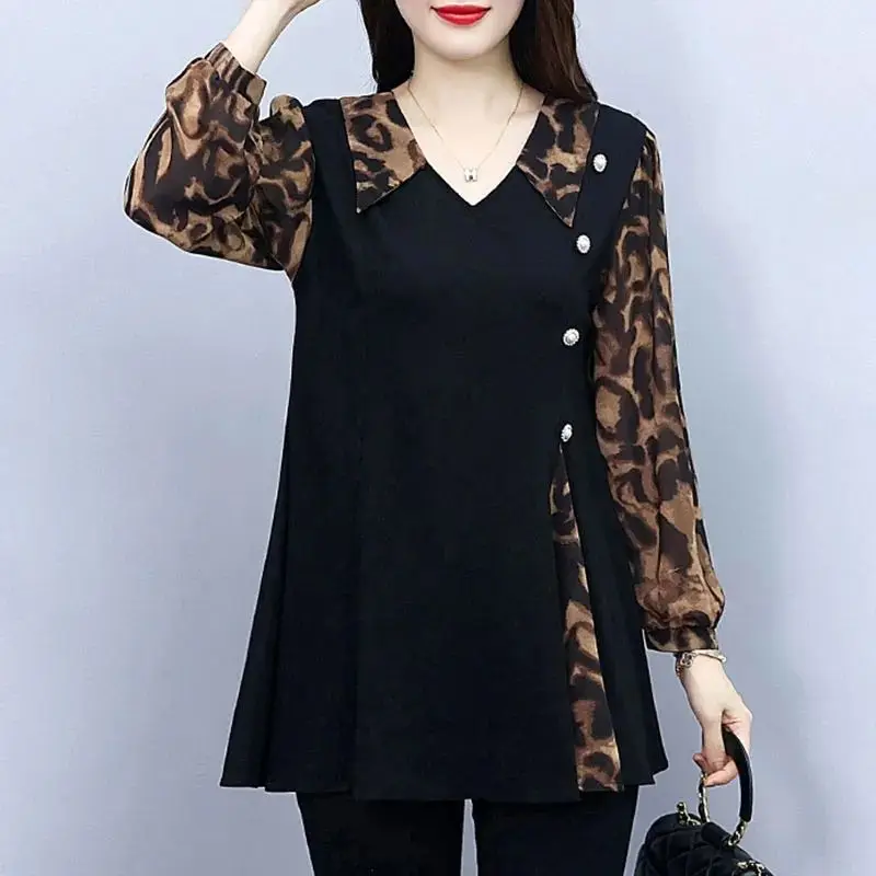 Mommy Outfit Autumn Korean New Polo Collar Pullover Commuter Fashion Printed Button Spliced Shirts Versatile Long Sleeved Tops