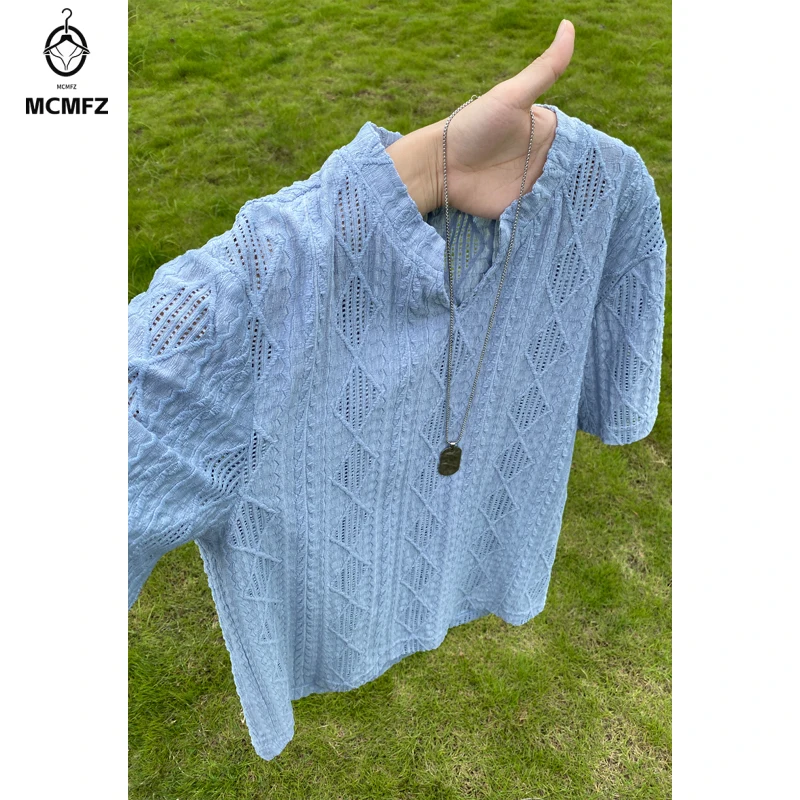 Male Henley Collar Short Sleeve Blouse Hollow Jacquard Pattern Loose Relaxed Cut For Daily Commute And Leisure Time