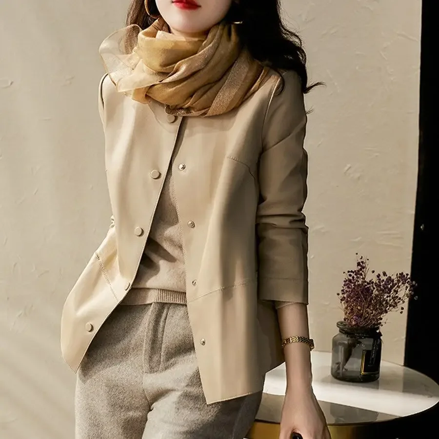 

Spring Autumn Round Neck Solid Color Elegant PU Leather Jacket Women's Temperament All-match Coat Female Cardigan Top Z559