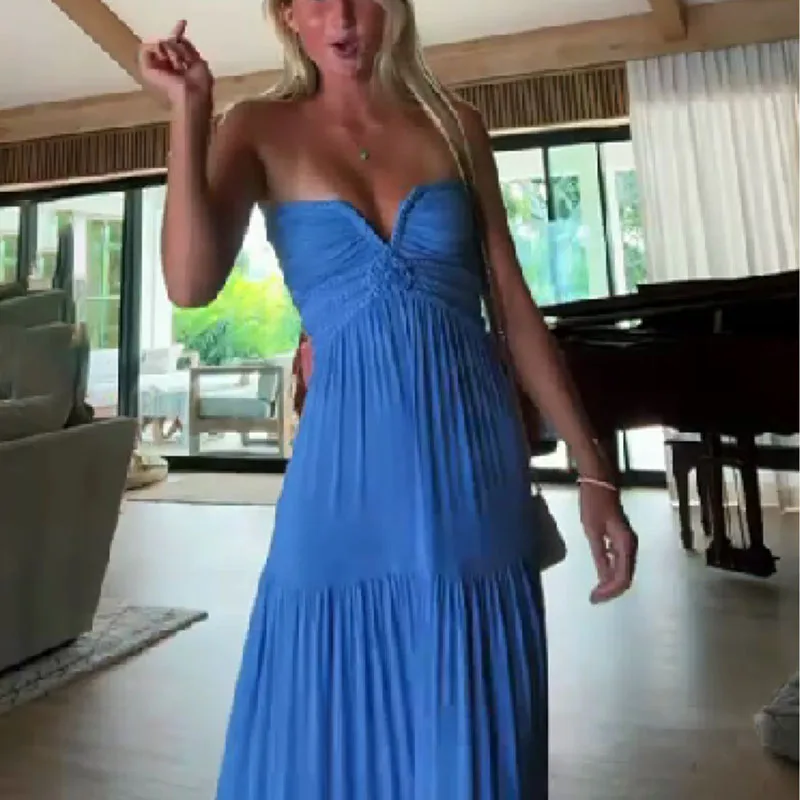 Spring Woman Sexy Off Shoulder Pleated Dress Elegant Solid Backless Hollow Prom Dress Summer Strapless Loose Vacation Boho Dress