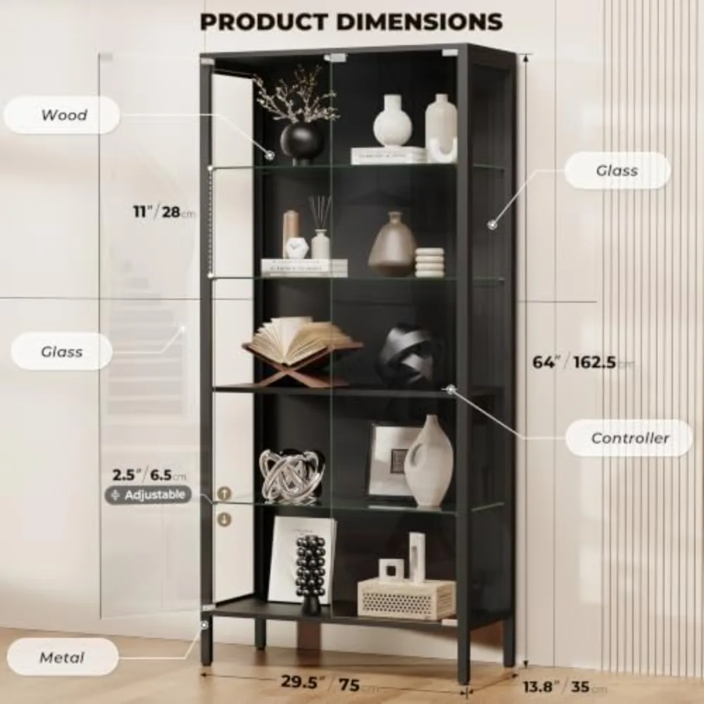 Glass Display Cabinet, 5-Tier Display Case with Adjustable Glass Shelves, Metal Curio Cabinet with 3 Color Lights for