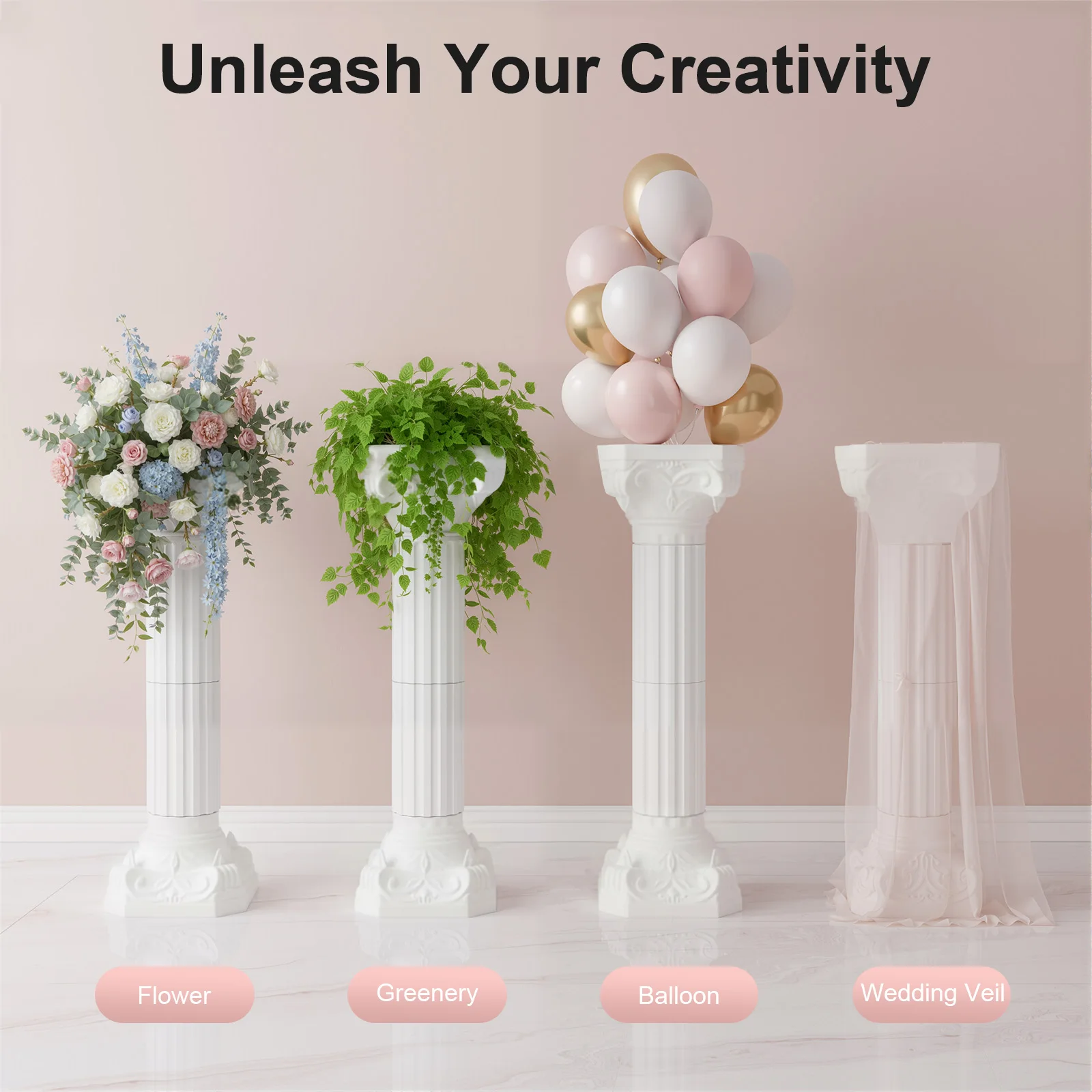 

White Wedding Roman Decorative Columns Set Lightweight 34.6" Roman Pillars Stand Wedding Landscaping for Party Patio 4Pcs