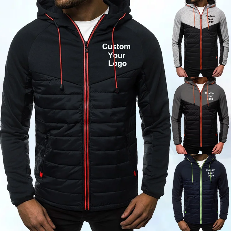 Casual Winter Thicken Warm Custom Your Logo Zipper Coat Winter Hooded  Mens Outdoor Fashion Slim Fit Stitching Color Jacket