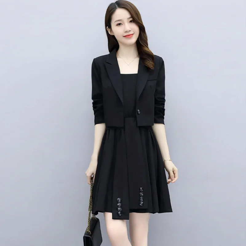 Blazers Suits Office Wear Women Dresses Sets Spring Slim Fit Short Pleated Dress 2 Piece Trendy Grace Fashion Look Thin Commute