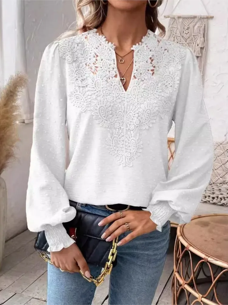 Women\'s Blouse Autumn New Fashion V-neck Lace Hollow Out Stitching Black White Elegant Loose Shirt For Women Streetwear Clothes