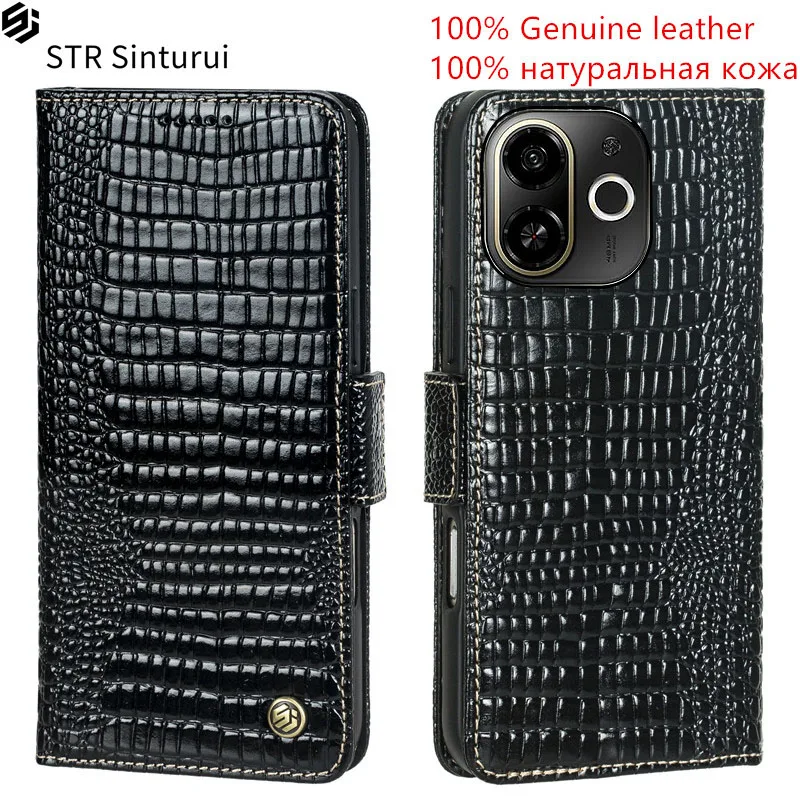 

STR 100% Genuine leather lizard grain card Slot Wallet Cover For Tecno Pova Slim 7 6 Pro Ultra Curve Flip shockproof phone Case