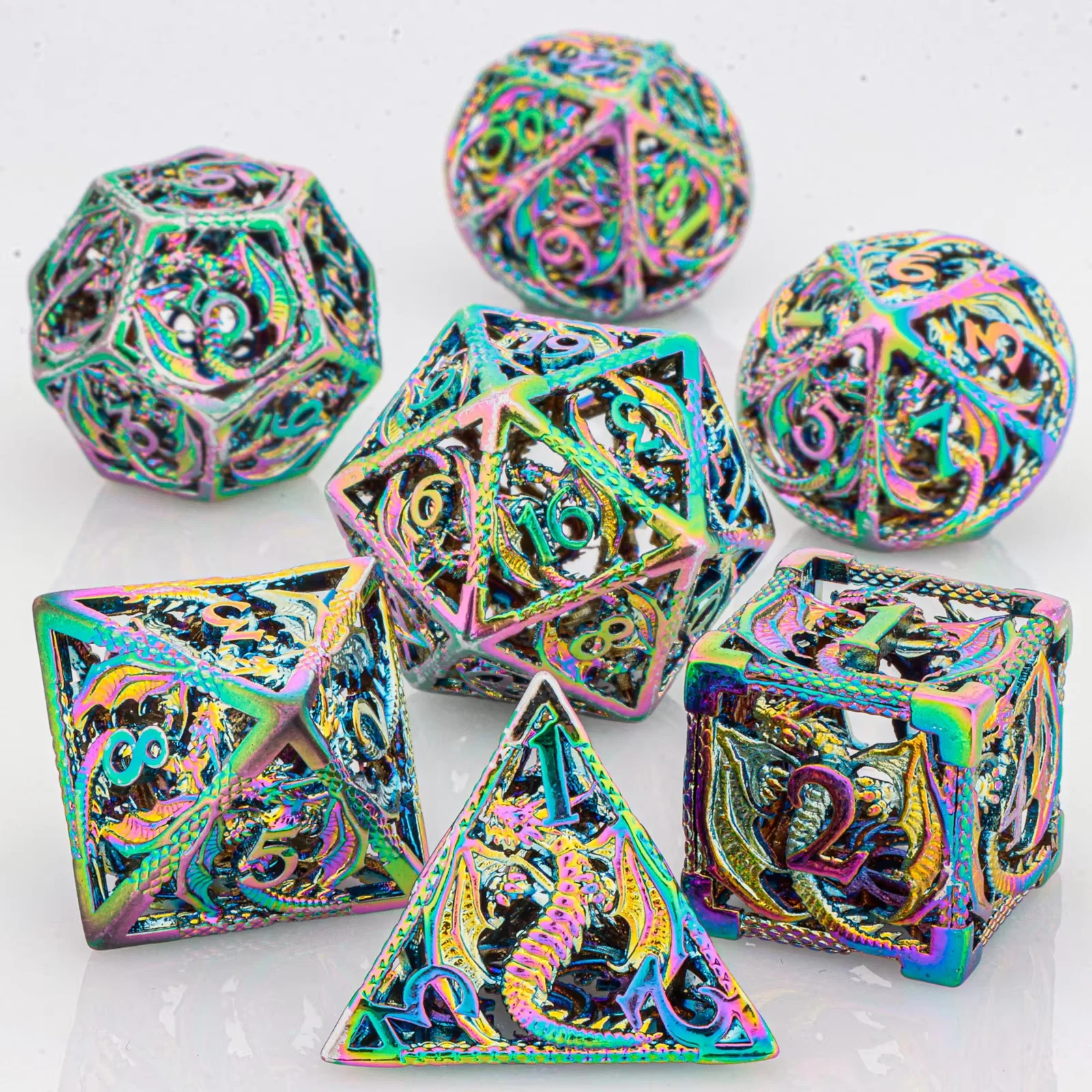 Hollow Metal Dice Set DND Dungeons and Dragon Dice Game MTG Pathfinder Play Mat Magic 7 pcs Dice Polyhedral D&D,