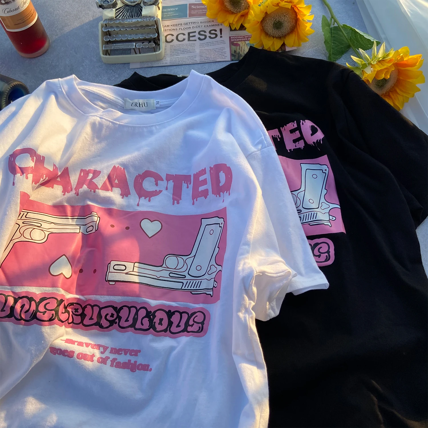 T-Shirt oversize donna Hip Hop Sweet Punk Pink Gun Print Tshirt Harajuku Shirt allentata a maniche corte T-Shirt donna vestiti