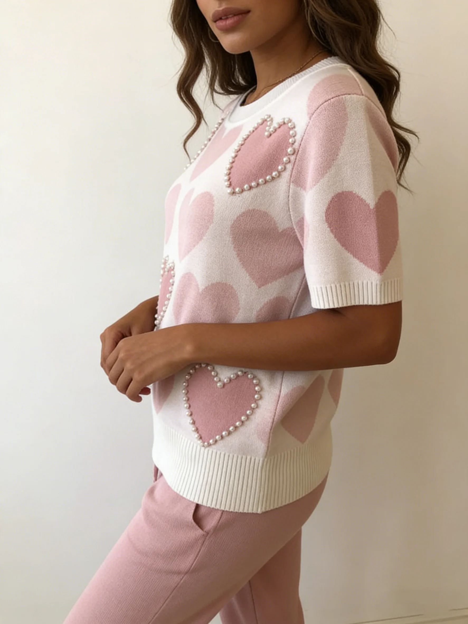 Women's 2 Piece Knit Lounge Set - Heart Pattern Short Sleeve Top & Drawstring Casual Pants for Spring Summer Daily Wear
