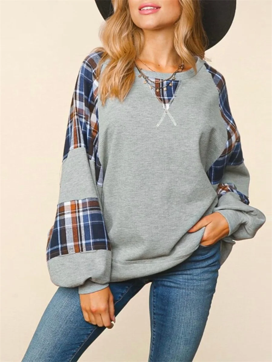 Women’s Casual Sweatshirts Long Sleeve Round Neck Plaid Print Patchwork Pullovers Oversized Tops