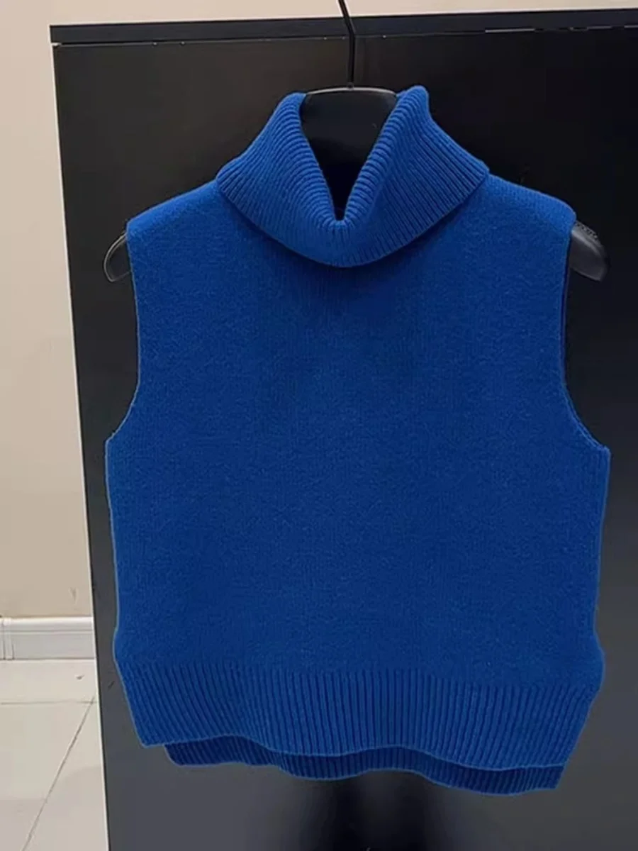

Elegant High Collar Knitted Sweater Vest Women's Autumn Winter Sleeveless Outerwear Half High Collar Korean Style Regular Fit
