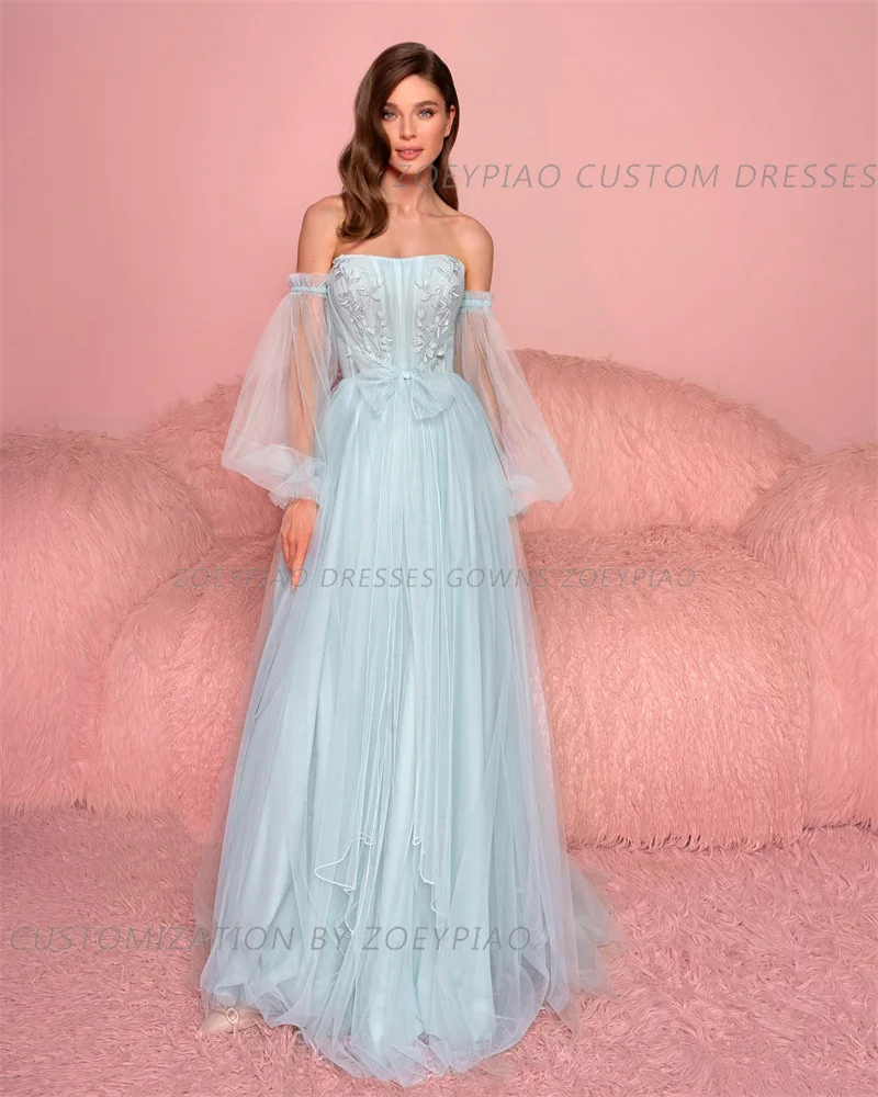 Mint Green Lace Princess Prom Gowns Full Sleeves Off The Shoulder Evening Dress Bow Tulle Prom Party Dresses Custom Made