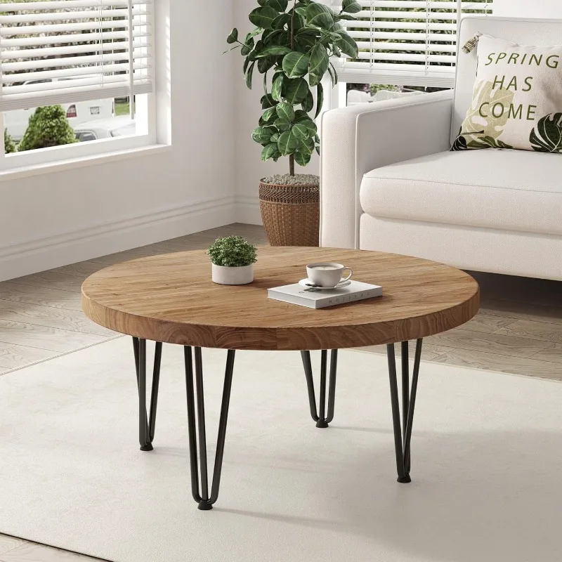 Rustic Wood Round Coffee Table with Metal Legs, Solid Elm Wood Top and Non-Slip Feet Pads