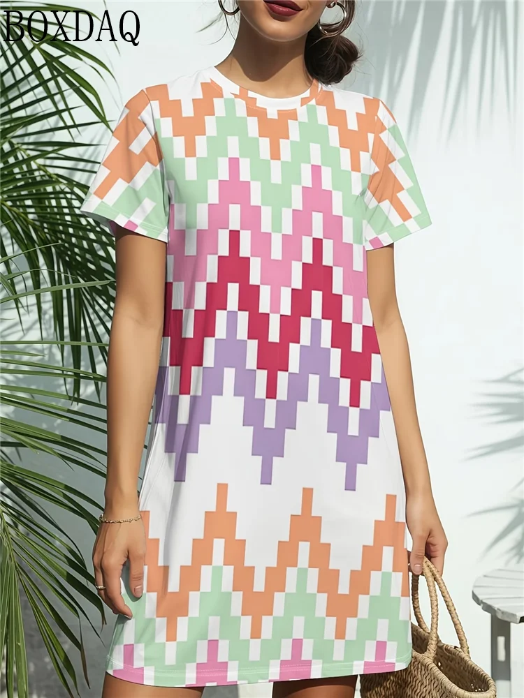 2026 women's round neck short sleeved loose striped abstract printed fashionable A-line dress suitable for shopping and dating