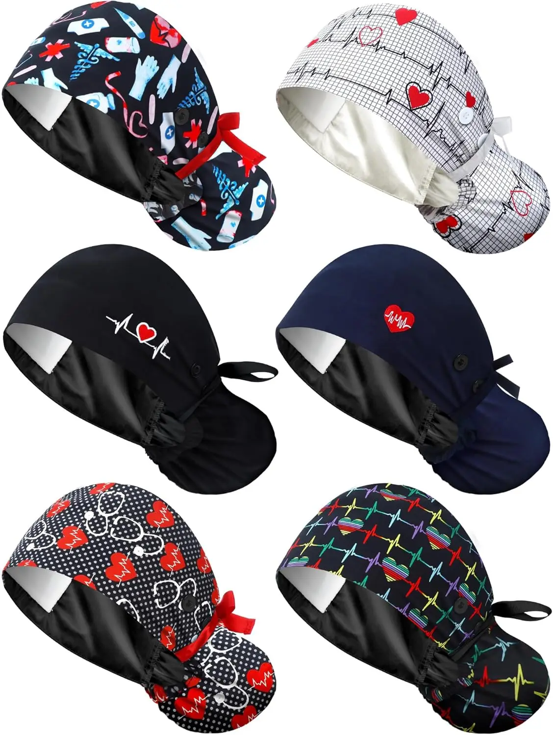 

6 Pcs Satin Lined Scrub Caps for Women with Buttons Ponytail Working Adjustable Tie Back