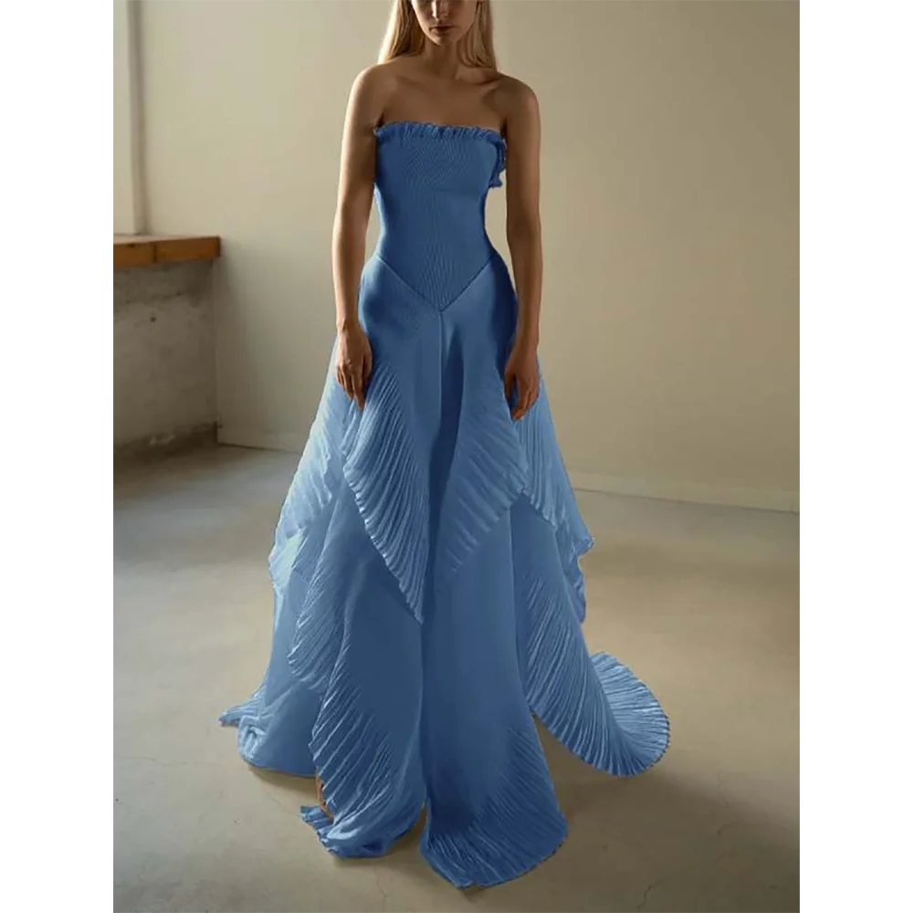 

Blue Chiffon Prom Dresses Strapless Tiered Pleats Sleeveless A Line Dress Floor Length Special Occasion Banquet Prom Gown