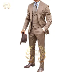 Khaki casual men's suit wedding slim groom dress 3 piece suit jacket vest with pants men's fashion clothing new style slim suit