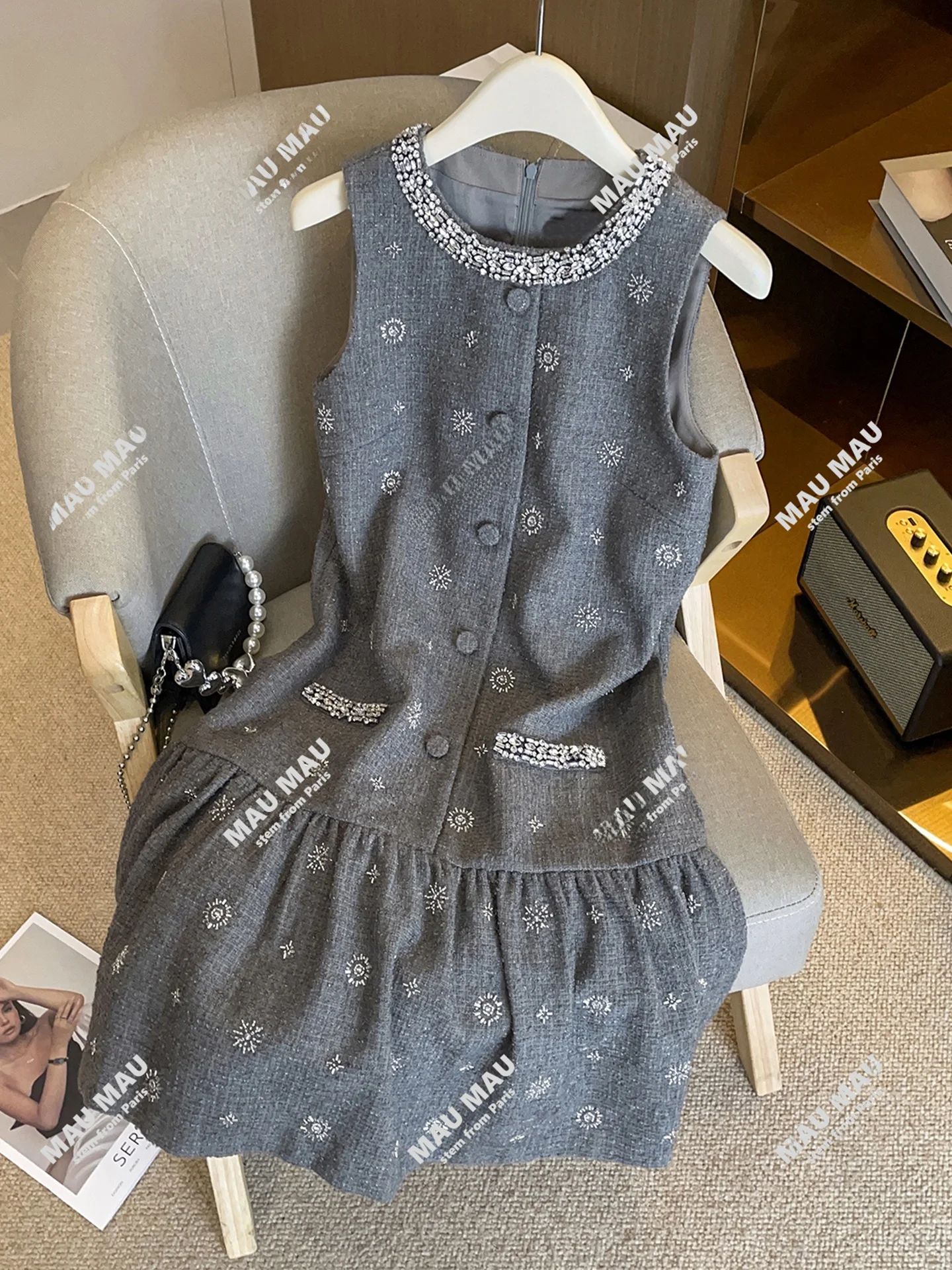 

High-End Autumnal Diamond-Embroidered Tweed Vest Dr Ele Ladylike Sle Comfortable Breathable Mid-Thi A-Line Silhouette