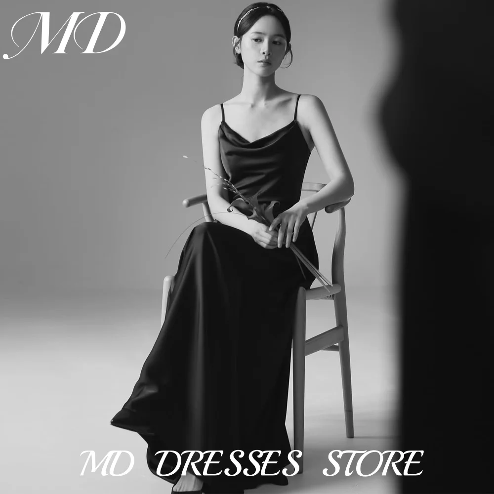 

MD Simple Spaghetti Strap Black A-line Wedding Party Dress Soft Satin Korea Photoshoot Floor Length Evening Gown Customised 2025