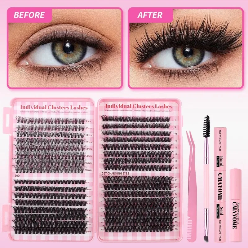 640 Clusters Thick False Eyelashes Kits Large Capacity Self-Adhesive Cross DIY Individual Extension with Tweezers Comb Glue Set