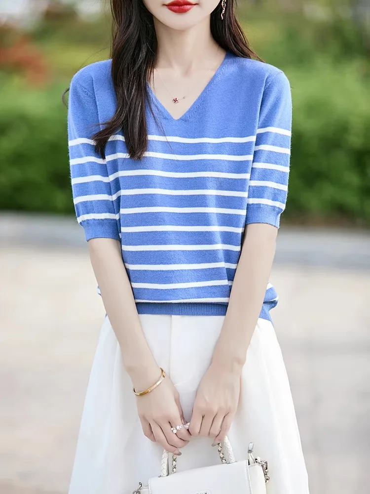 

Летняя свободная повседневная тонкая футболка ort Sve V-Ne в полоску, женская дышащая утягивающая футболка f Sve Body irt