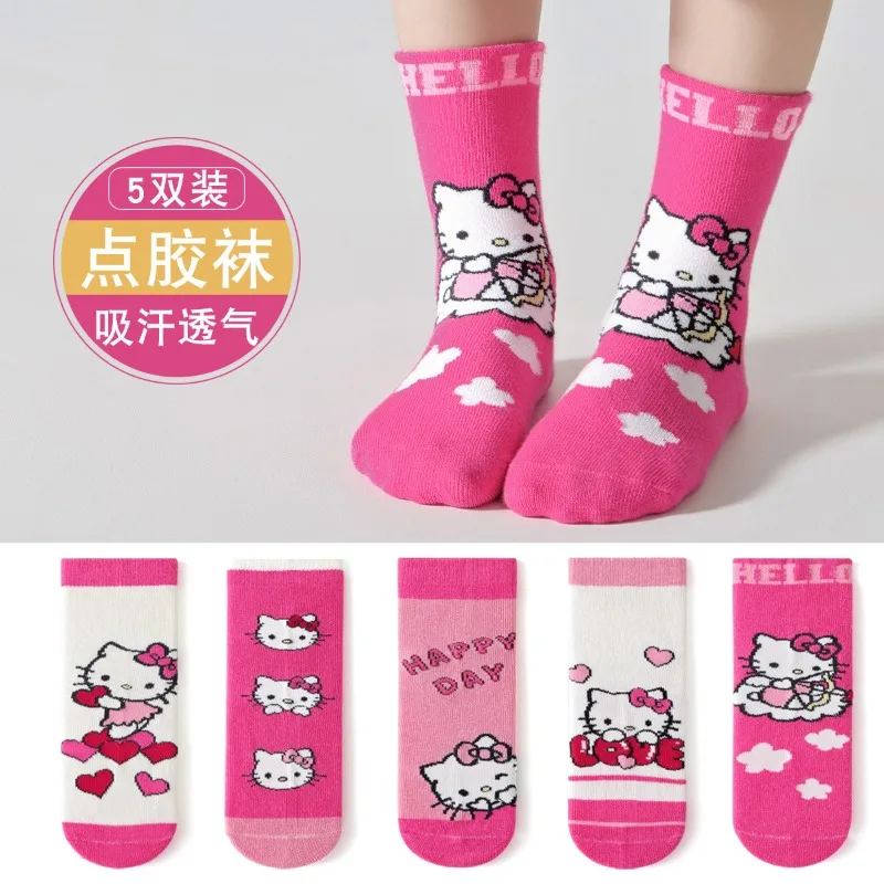 

5Pairs Fall Winter Hello Kitty Kids Baby Short Socks Sanrio Kuromi My Melody Socks Thicken Non-slip Comfortable Children Socks