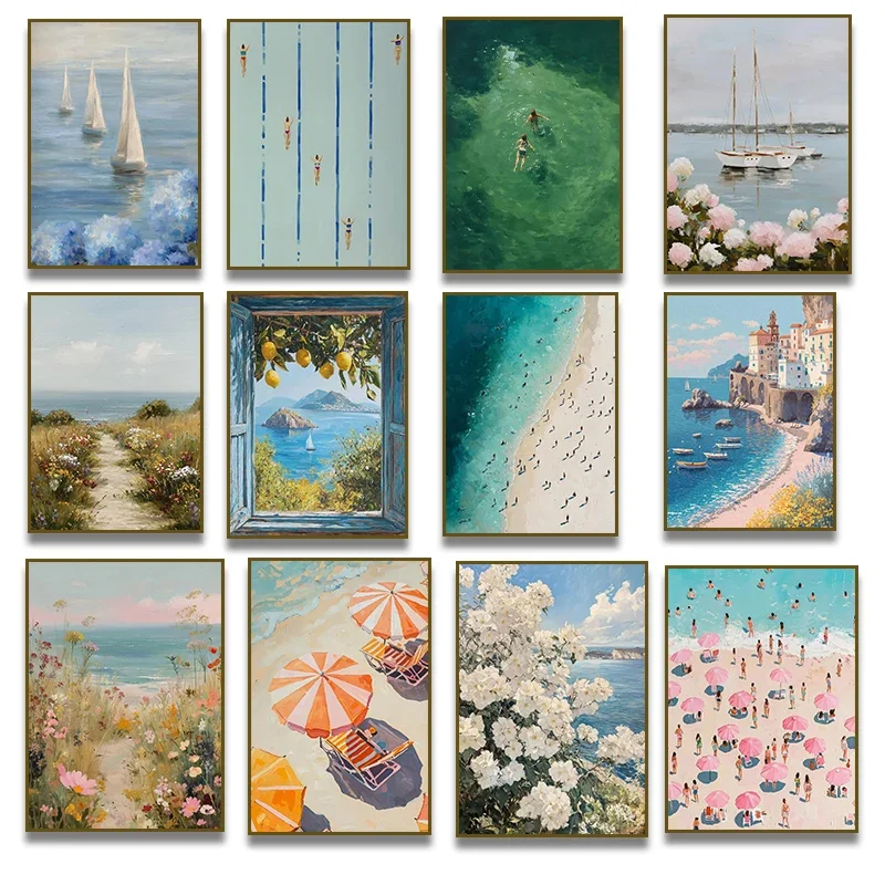 Sailboats Coastal Hydrangeas Beach Umbrella Wildflower Poster Canvas Painting Print Wall Art Picture for Living Room Home Decor