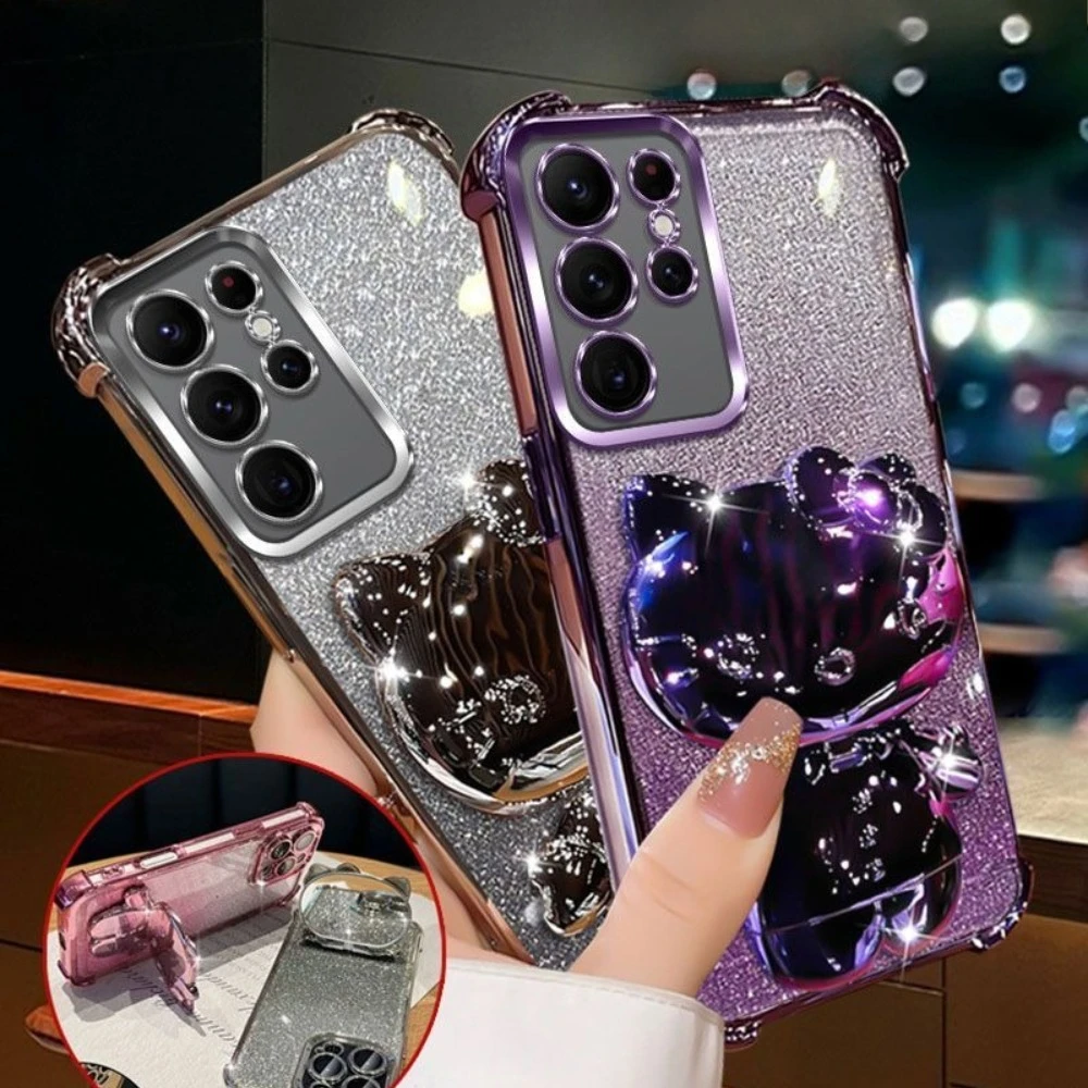 Luxury Glitter Mirror Hello Kitty Stand Holder Phone Case For Samsung S26 Ultra S25 Edge S24 S23 Plus FE Corner Protection Cover