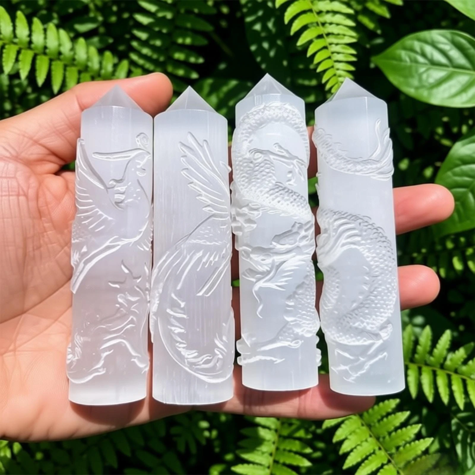 1 hand-carved moonstone tower with dragon or phoenix design, perfect as a home decoration, holiday gift Halloween, Christmas