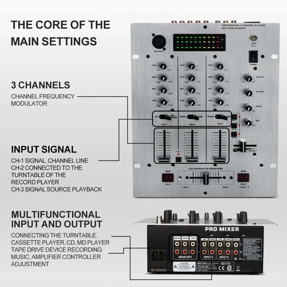 DX626 Professional 3 Channel DJ mixing with BPM Counter Audio DJ Mixer Console