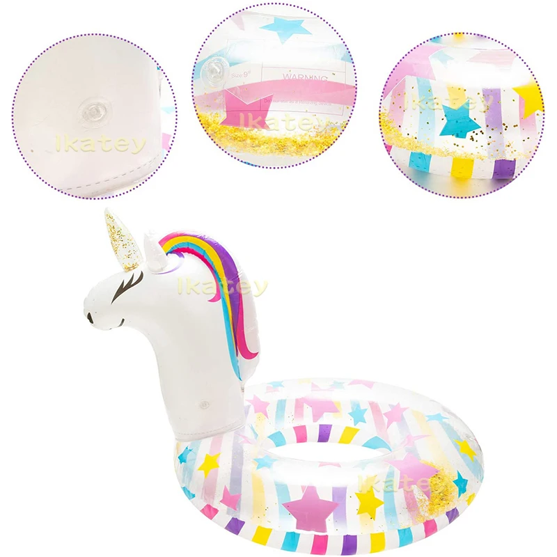 Inflatable Unicorn Pool Float Swimming Ring with Glitter Inflation Swimming Floaties Transparent Summer Beach Party Decoration