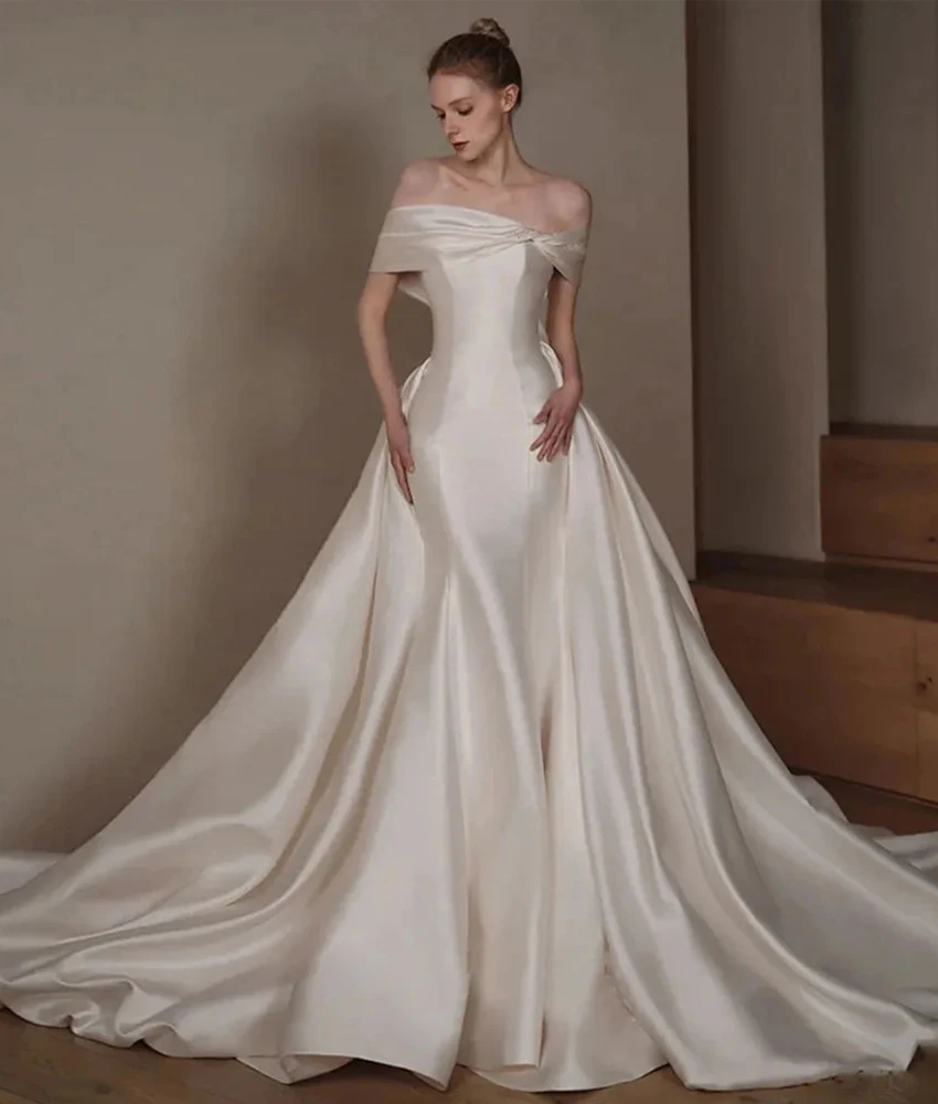 

Victoria Customized Graceful Satin Mermaid Off the Shoulder Pearls Beading 3D Bow Evening Dress Temperament Women Wedding Gowns