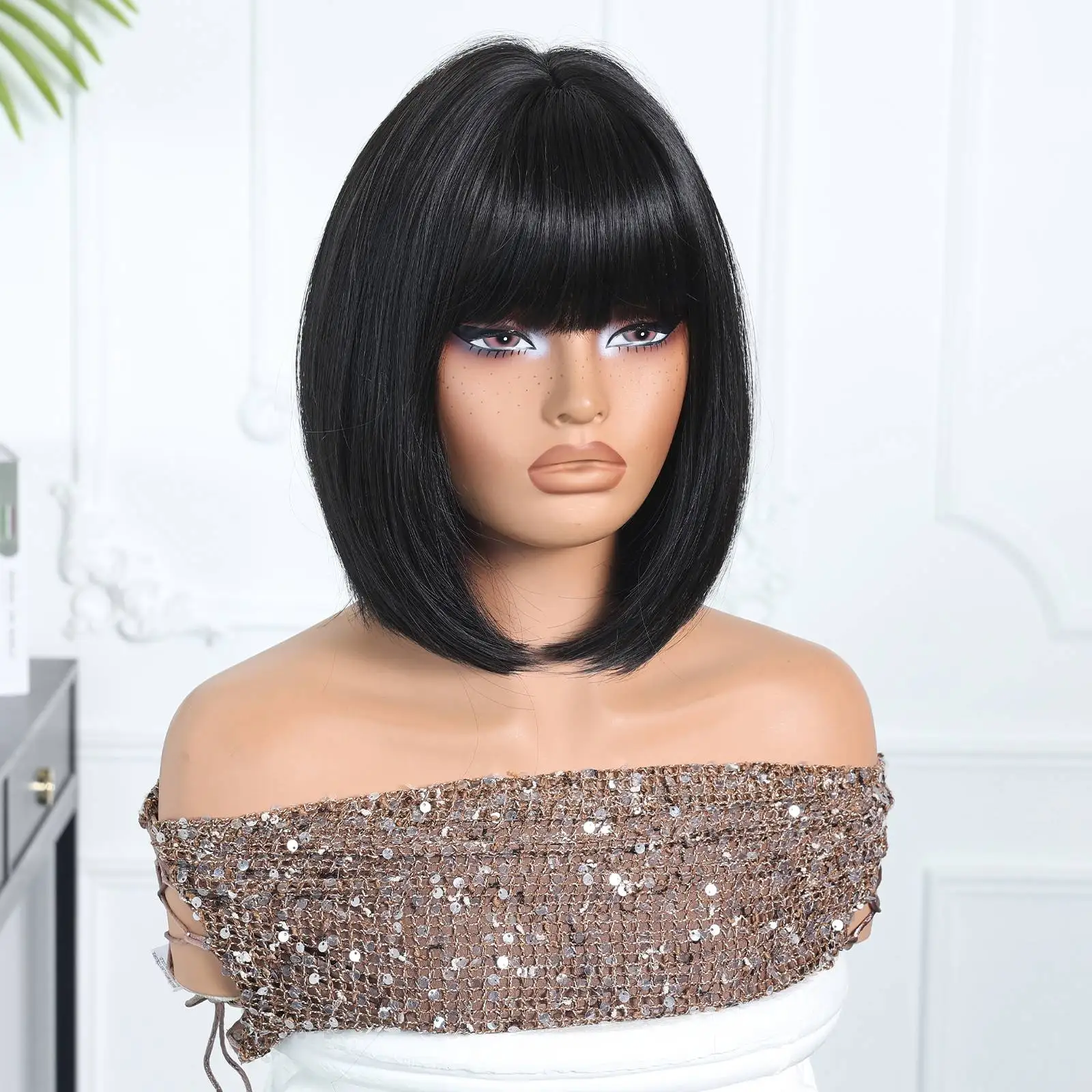 Jet Black Short Straight Bob Wig With Bangs Heat Resistant Synthetic Hair Natural Hairline Wigs for Women Daily Party Halloween
