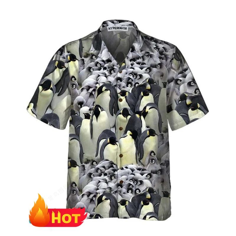 

New Men's Hawaiian Shirt 3D Cute Penguin Print Beach Short Sleeve Women Spring Summer Casual Button Up Lapel Blouse Men Clothing